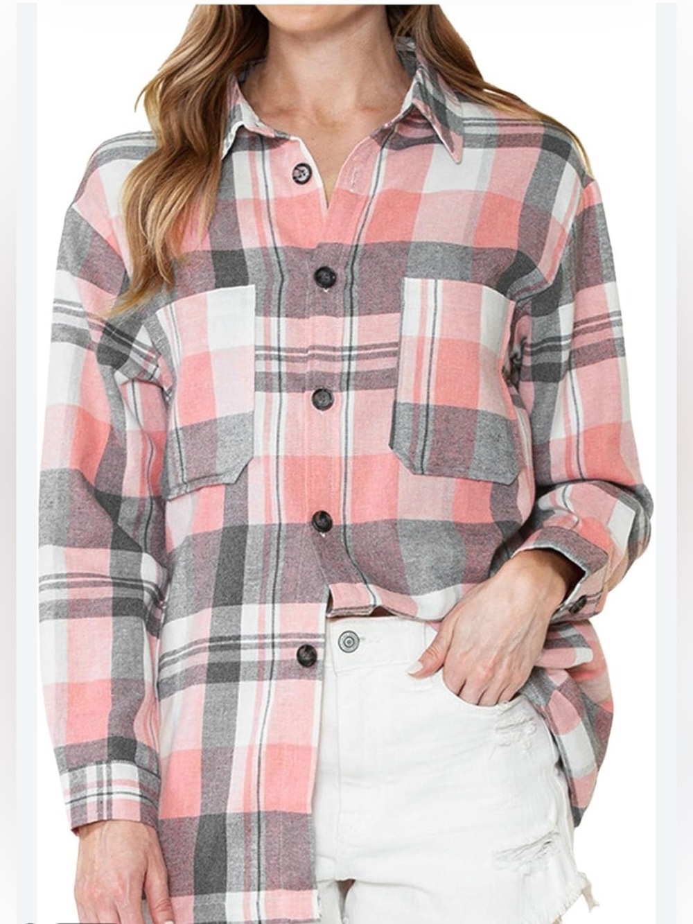 Amazon Pink Gray Plaid Button-Down Shirt Boyfriend Style Women’s XL